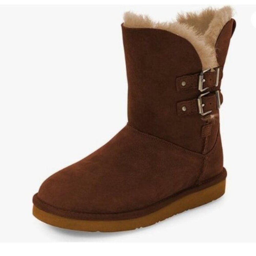 Women's Mid Calf Fully Fur Lined Winter Snow Boot with Buckles Shoe Brown